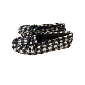 Minnetonka Womens Black &‎ White Plaid Moccasin Slippers Faux Fur Lined Size 7